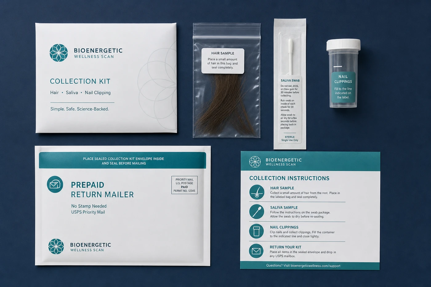 QEST4 mail-in collection kit with hair, saliva swab, nail clippings, prepaid return mailer, and instructions